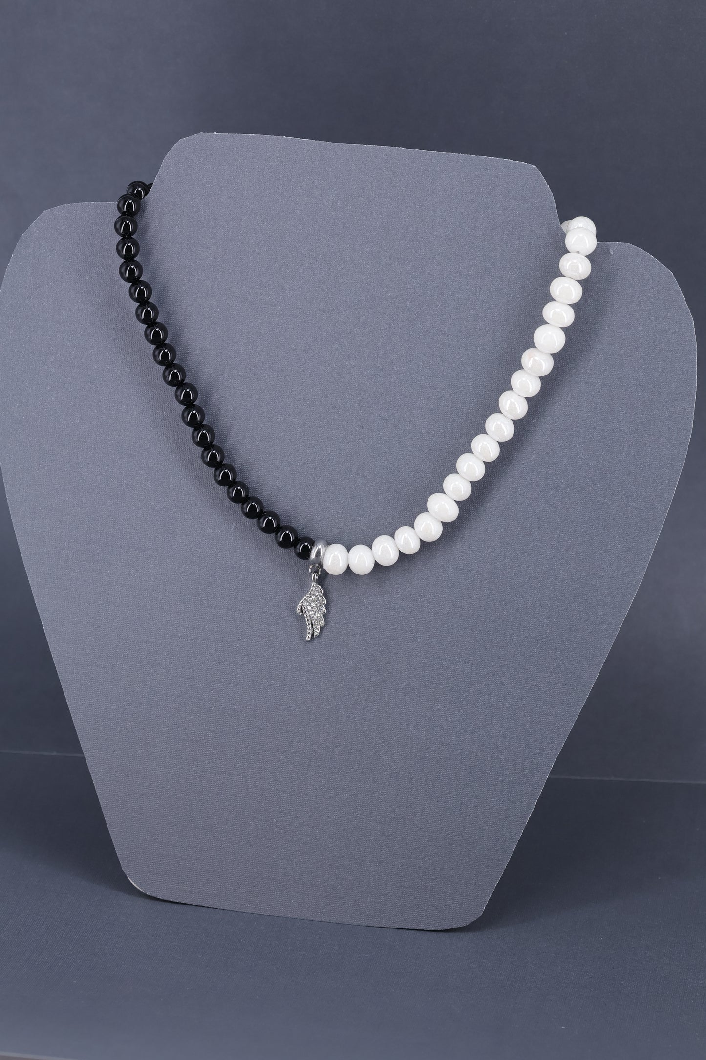 Onyx and moon stone with stainless pendant, sterling silver .925 necklace 17” or 45 cm