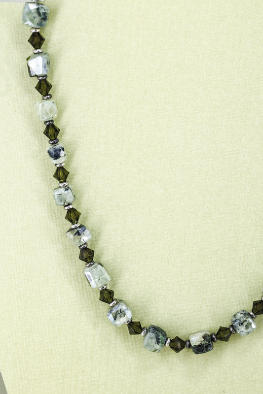 Rutilated stone with dark olive crystal sterling silver .925 necklace 17” or 45cm