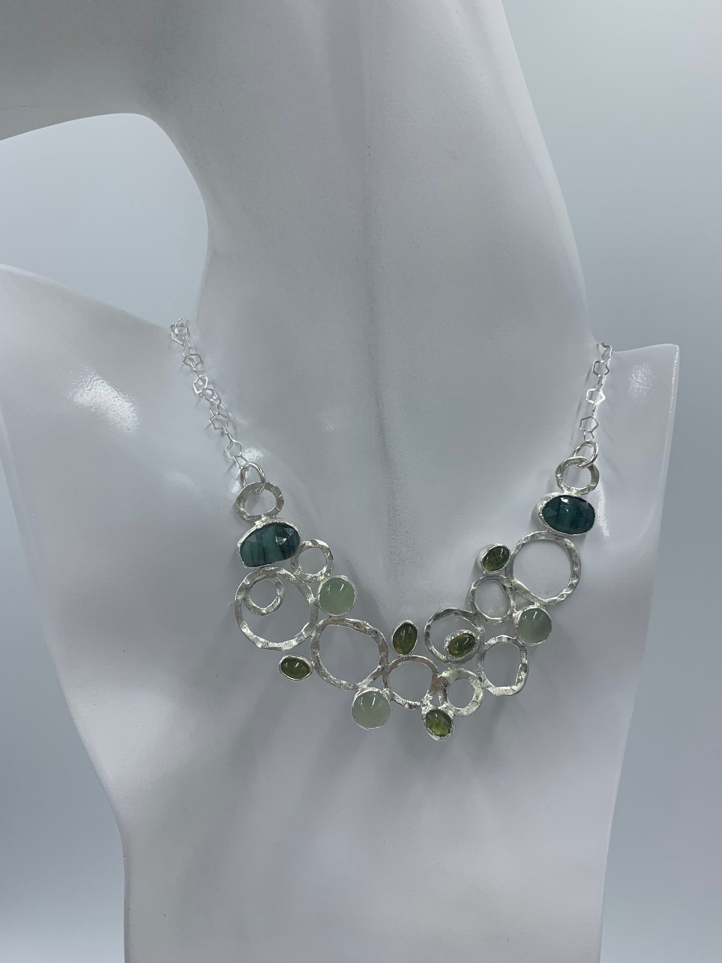 Esmeralda, aqua chalcedony, and peridot sterling silver .925 necklace 18” or 45cm