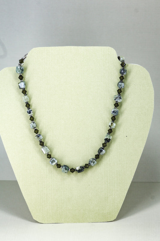 Rutilated stone with dark olive crystal sterling silver .925 necklace  17” or 45cm