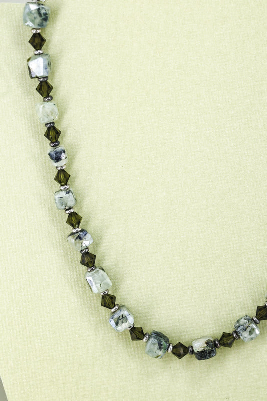 Rutilated stone with dark olive crystal sterling silver .925 necklace  17” or 45cm