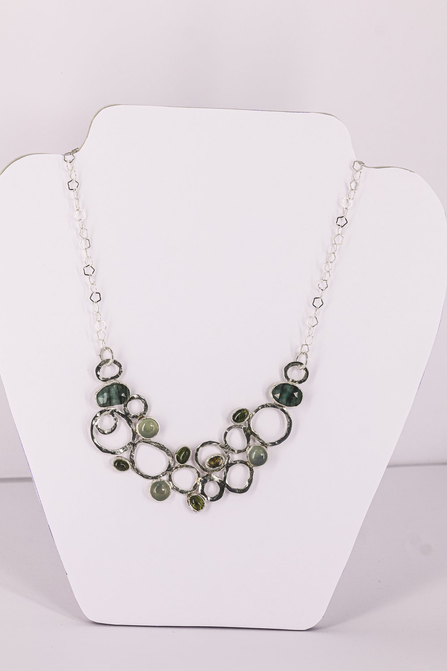 Esmeralda, aqua chalcedony, and peridot sterling silver .925 necklace  18” or 45cm