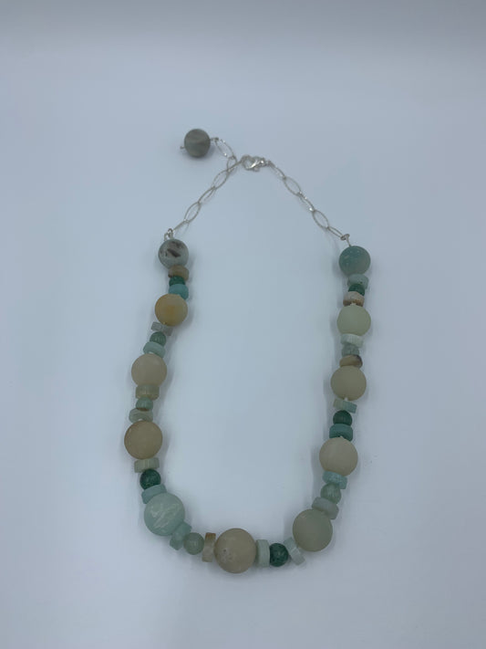 Amazonite with jade, sterling silver .925 necklace  18” or 45cm
