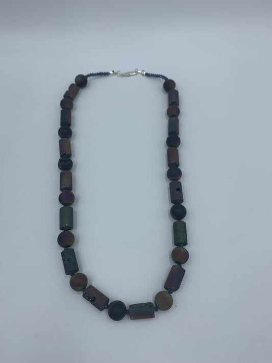 Druzy agate and crystal sterling silver .925 necklace  19” or 47 cm