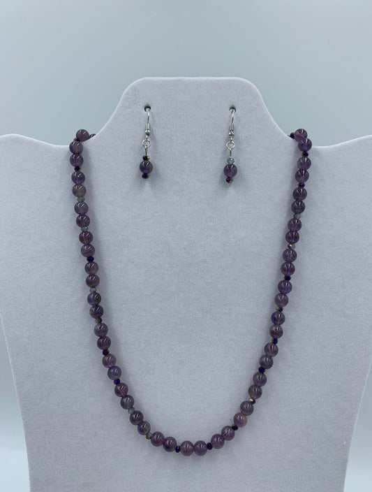 Amethyst and crystal necklace with magnetic clasp paired with matching earrings  18” or 45 cm