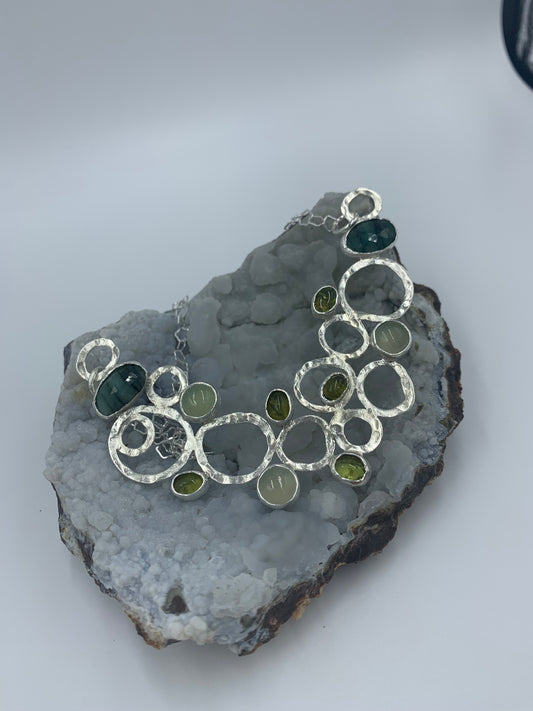 Esmeralda, aqua chalcedony, and peridot sterling silver .925 necklace  18” or 45cm